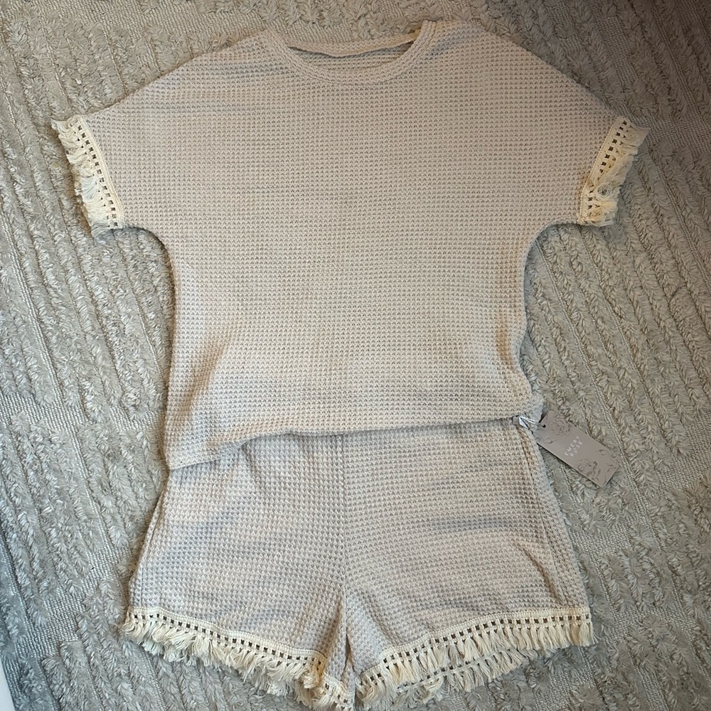 Cream and Tan Waffle Knit Top and Shorts Set with Fringe Detailing